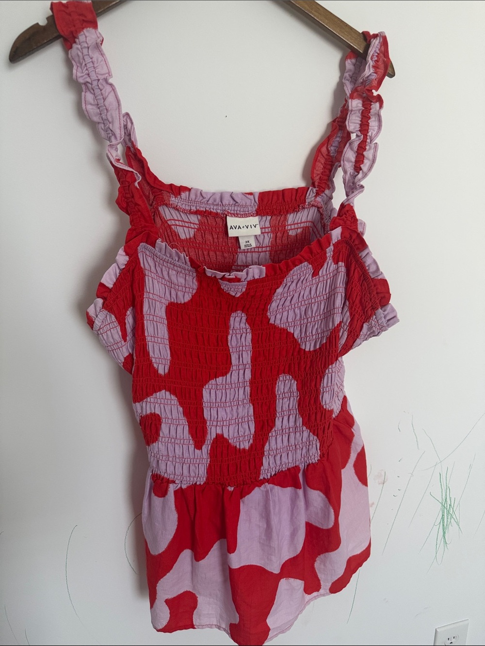 Ava & Viv Red and Light Pink Smocked Tank with Ruffle Straps